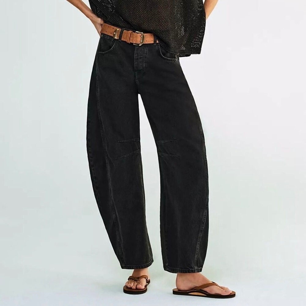 Free People We The Free Good Luck Mid Rise Barrel Jeans Soundwave Black Size 26